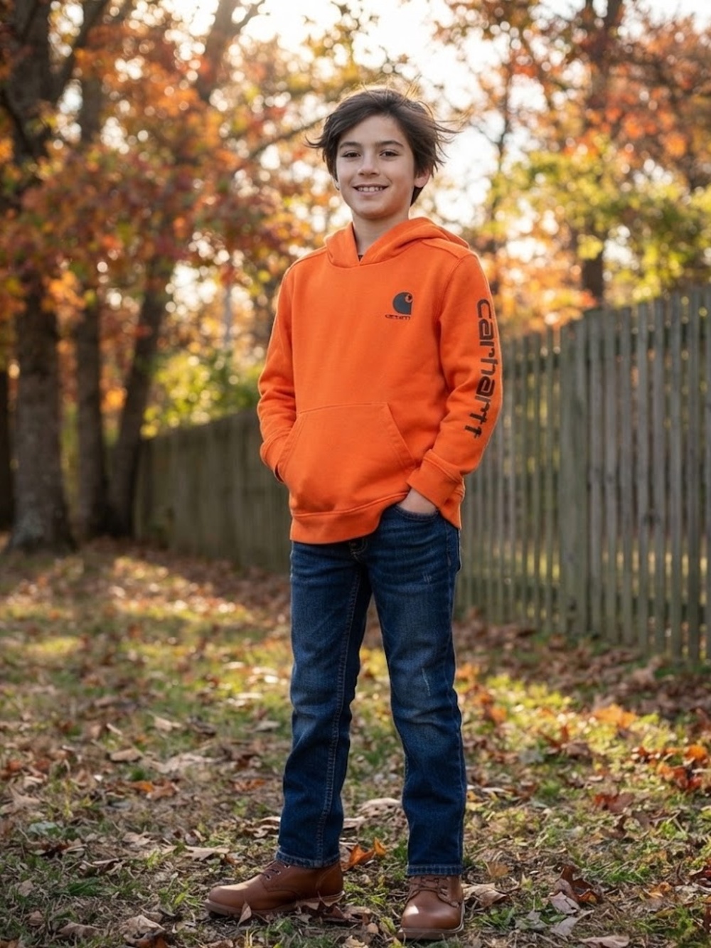 Carhartt Classic Long Sleeve Logo Pullover Hooded Sweatshirt Youth Orange 10-12